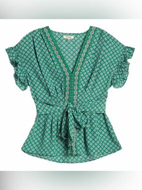 Max Studio Green Printed V-Neck Tie-Front blouse